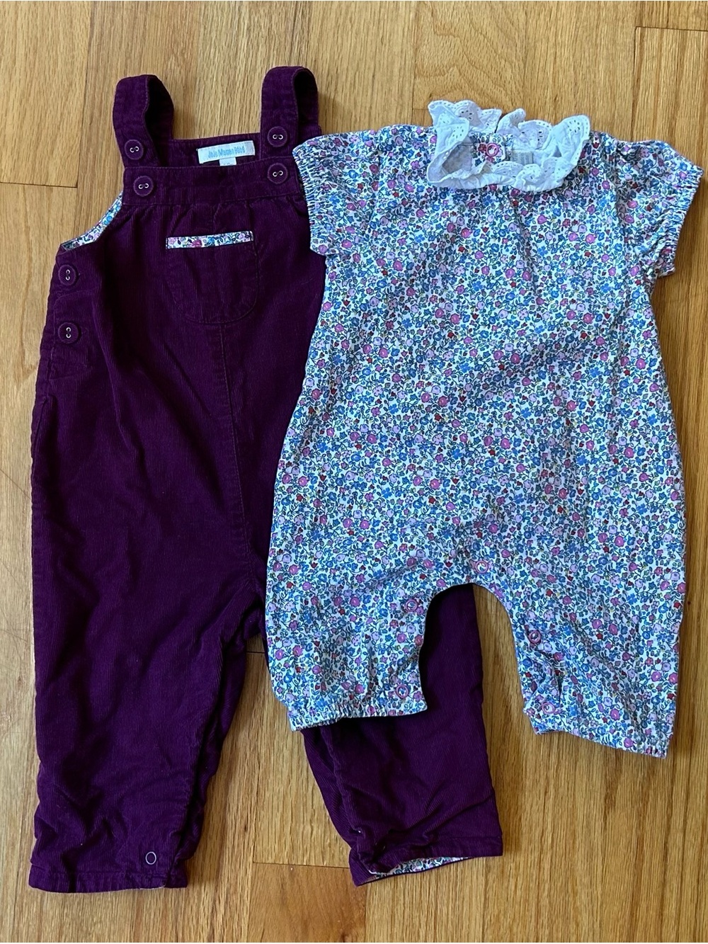 JoJo Maman Bebe Plum Corduroy Overalls and Floral Romper